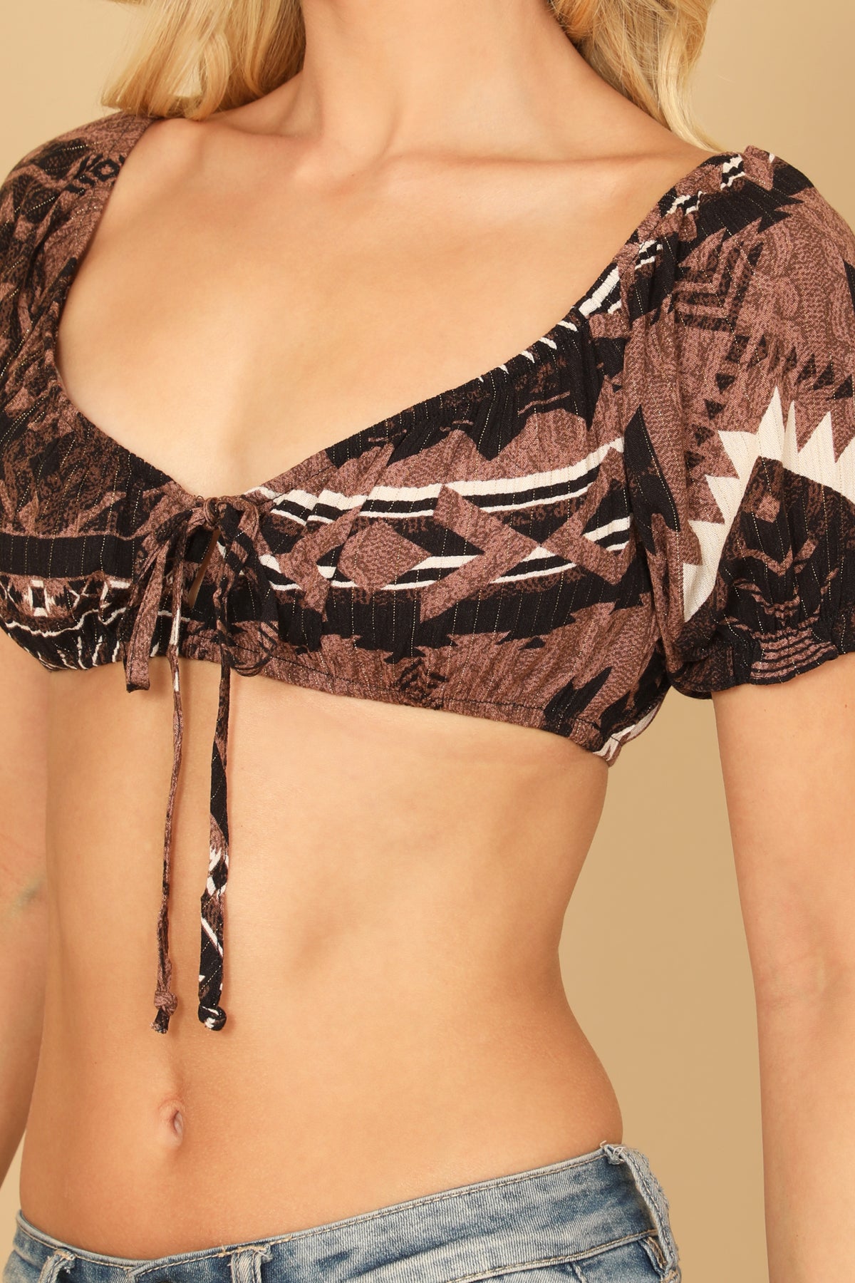 Puff Sleeve Bralette Tie Printed Top