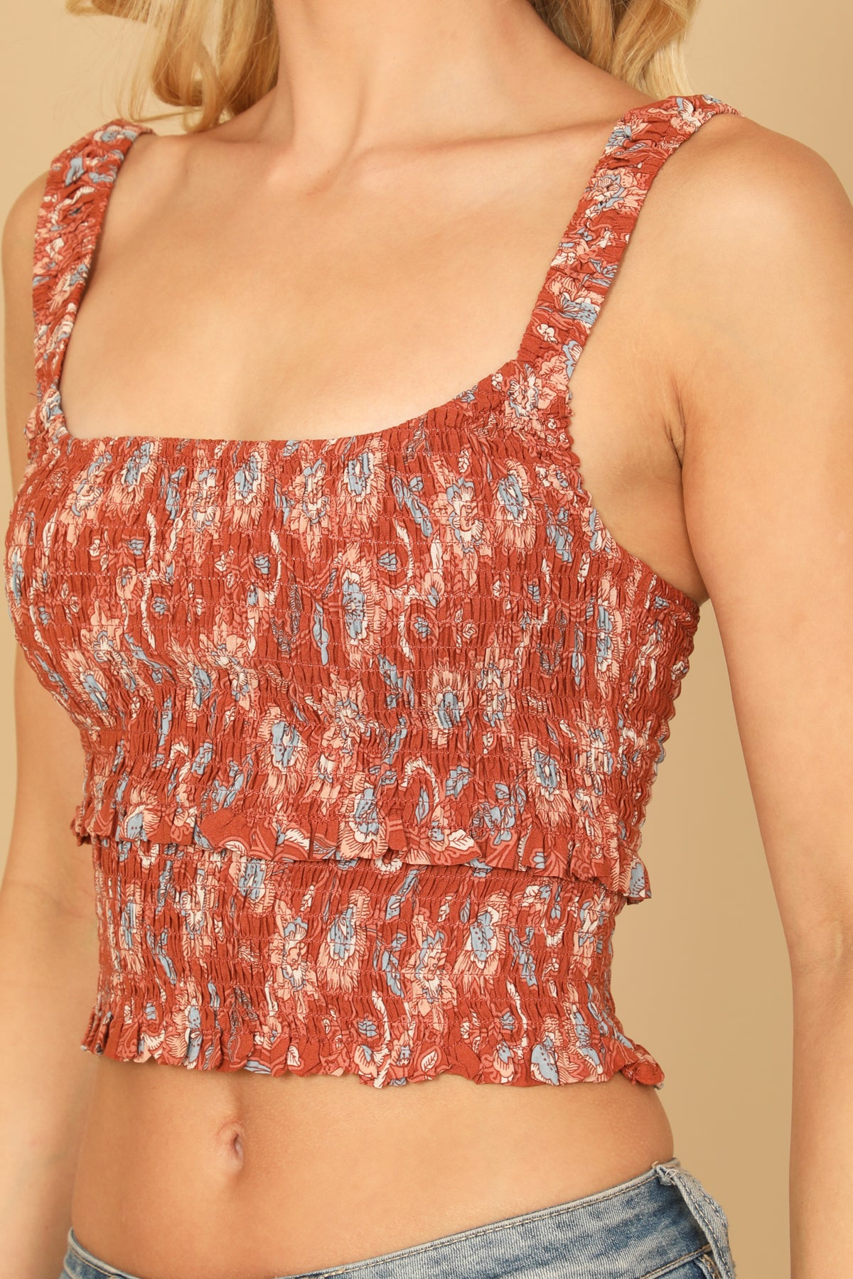 Shirred Ruffle Printed Crop Top
