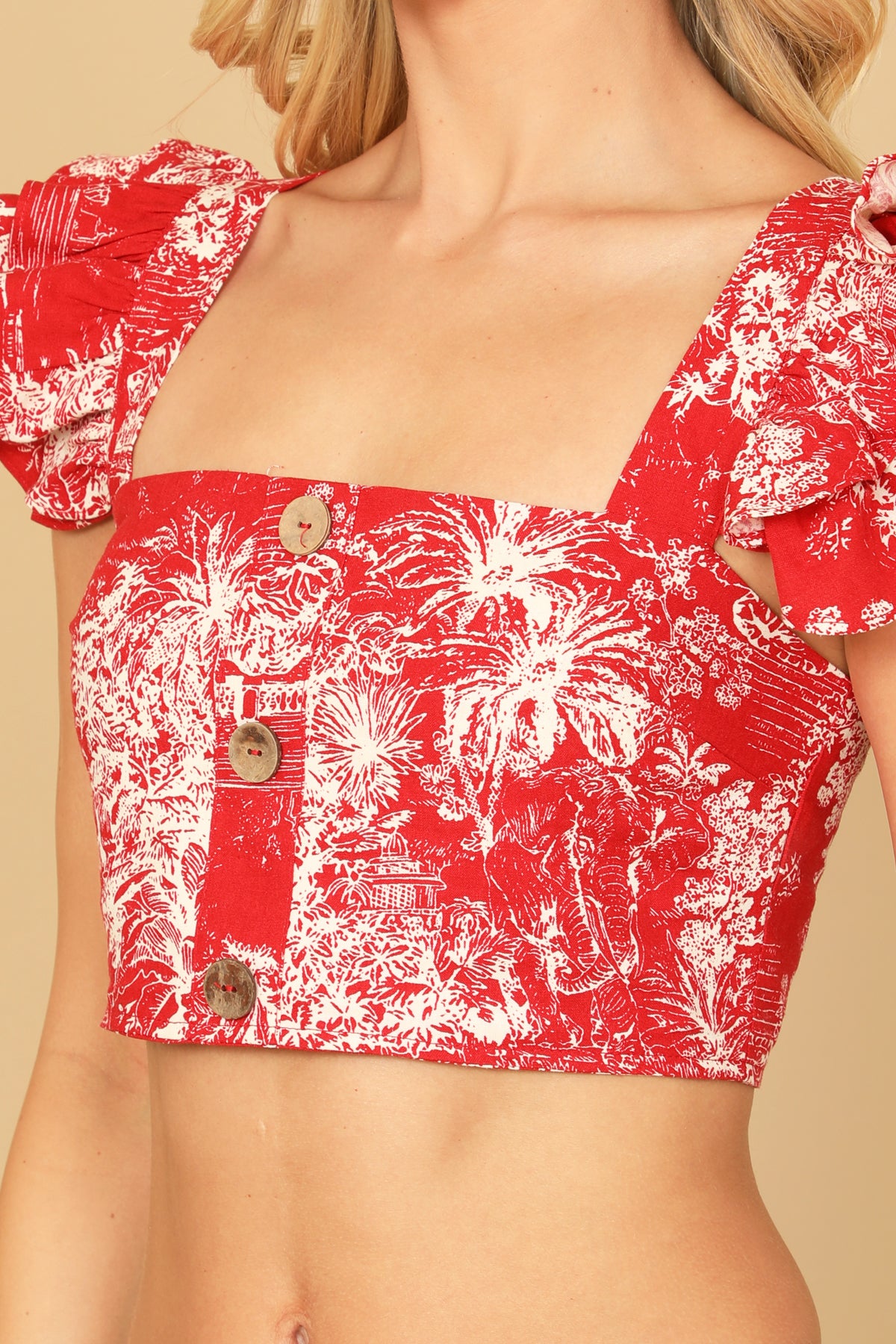 Ruffle Sleeve Button Detail Printed Crop Top