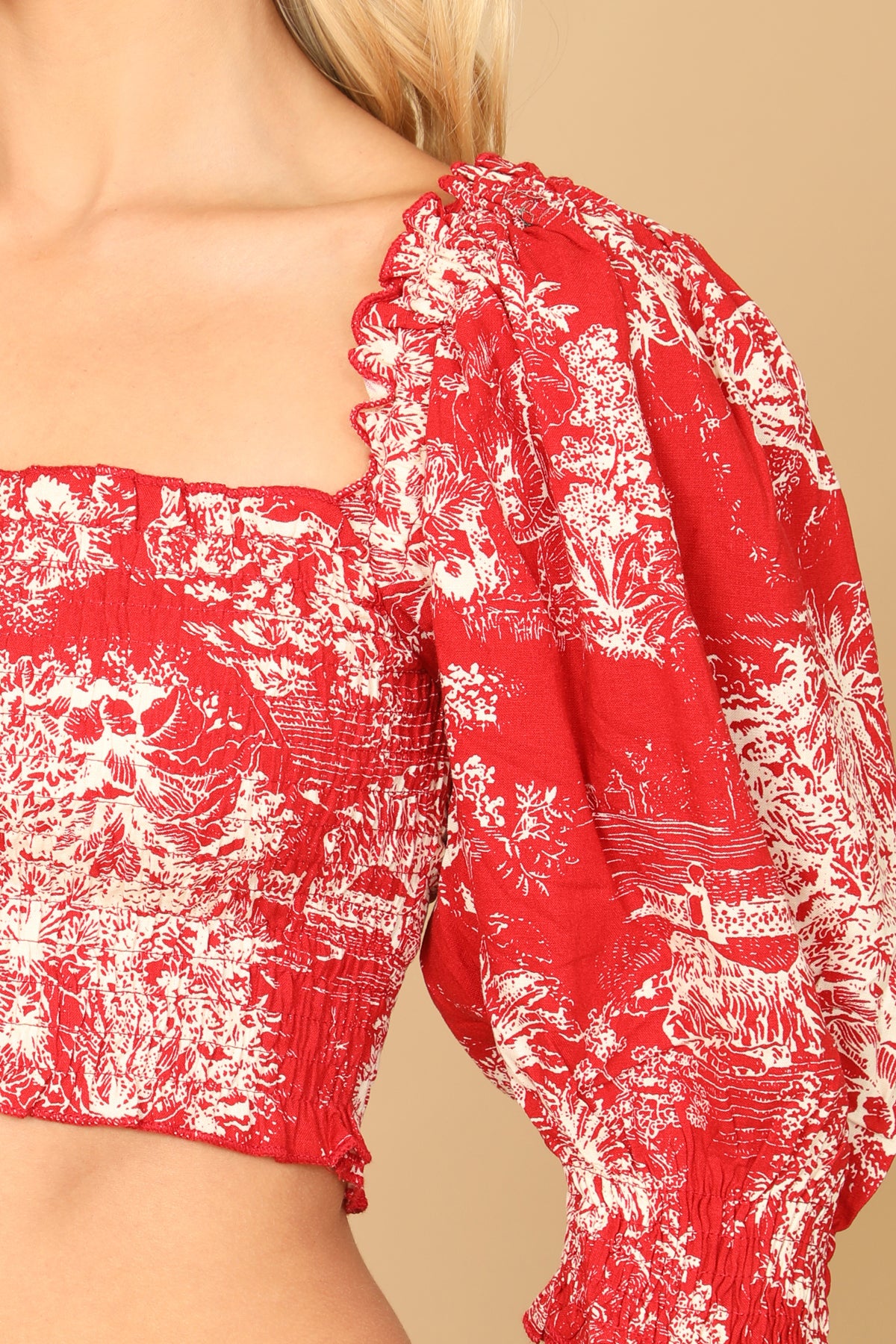 Puff Sleeve Smocked Printed Crop Top