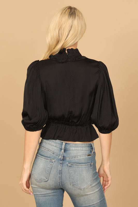 Ruffle Neck Puff Sleeve Cinch Waist Satiny Crop Top