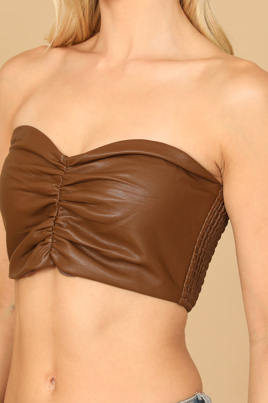 Faux Leather Ruched Strapless Crop Top