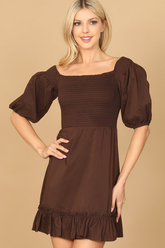 Puff Sleeve Smocked Ruffle Hem Solid Dress