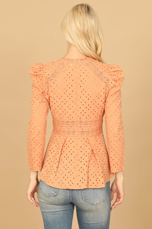 Eyelet Long Puff Sleeve Top