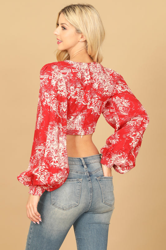 Long Puff Sleeve Tie Front Printed Top