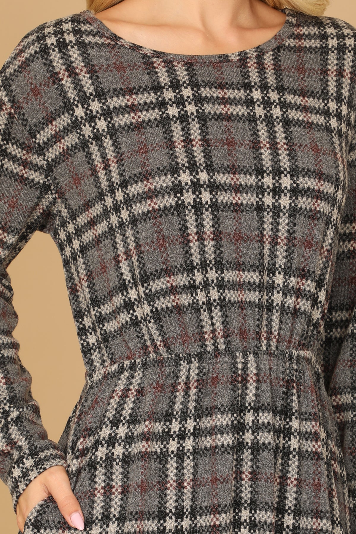 Plus Size Grey Black Long Sleeve Plaid Ruffle Hem Dress