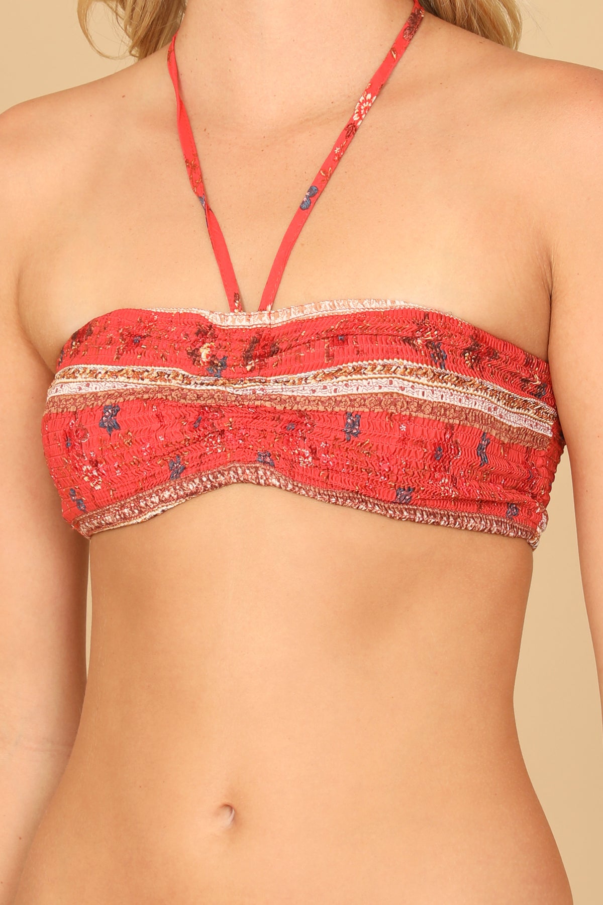 Floral Halter Tie Back Ruched Bralette Top