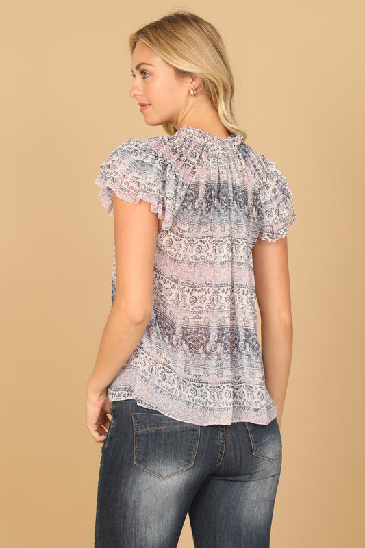 Flutter Sleeve Keyhole Tie Neck Printed Top