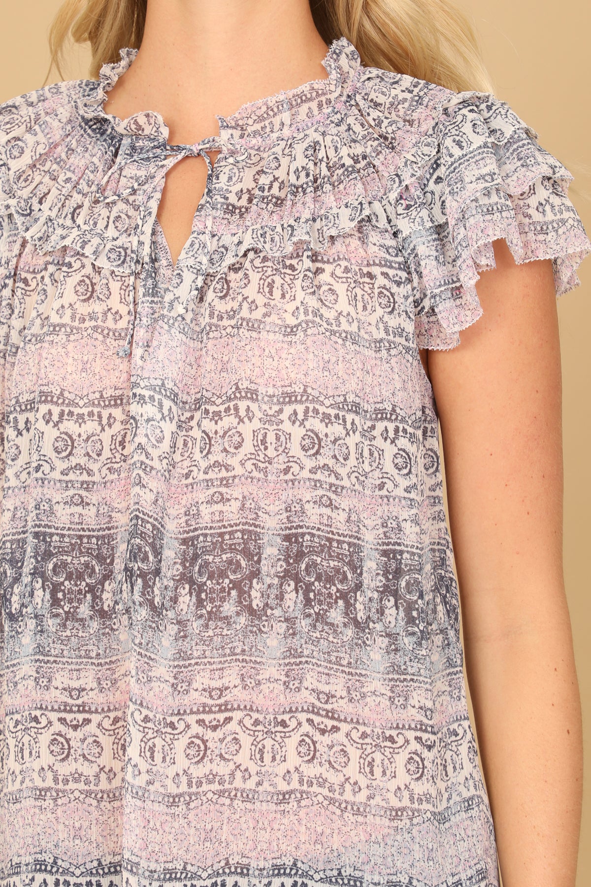Flutter Sleeve Keyhole Tie Neck Printed Top