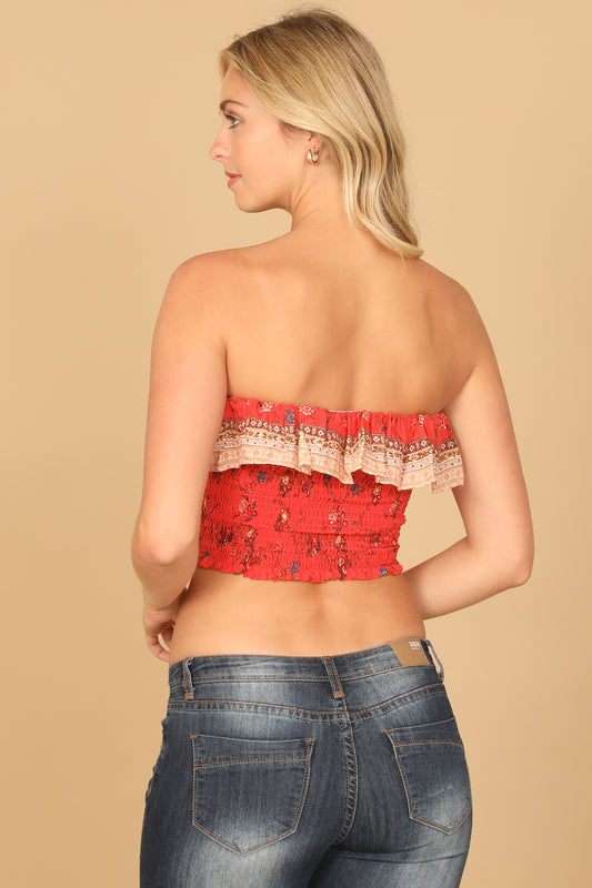 Floral Ruffle Tube Printed Smocked Crop Top
