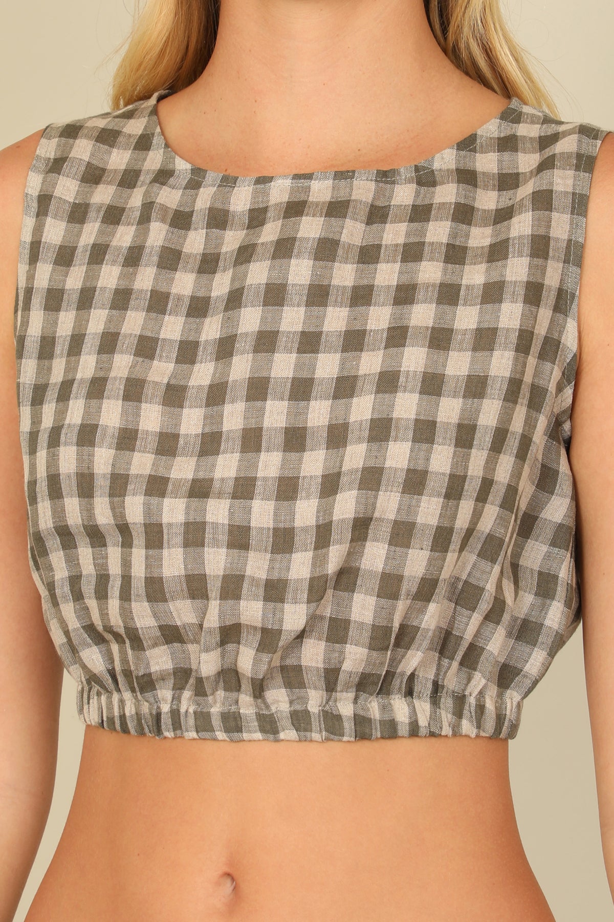 Gingham Print High Neck Sleeveless Crop Top