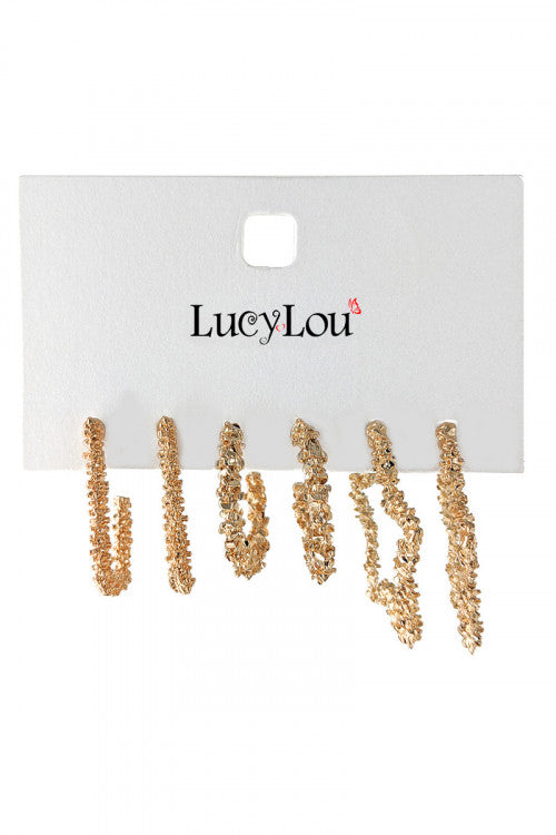 Gold 3 Pairs On A Card Popcorn Texture Fashion Earring Set