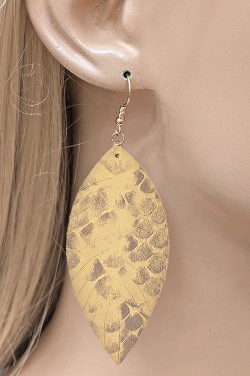 Mustard Veagan Leather Fashion Leaf Tear Drop Earrings