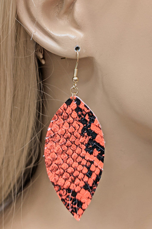 Orange Animal Print Leaf Drop Earrings