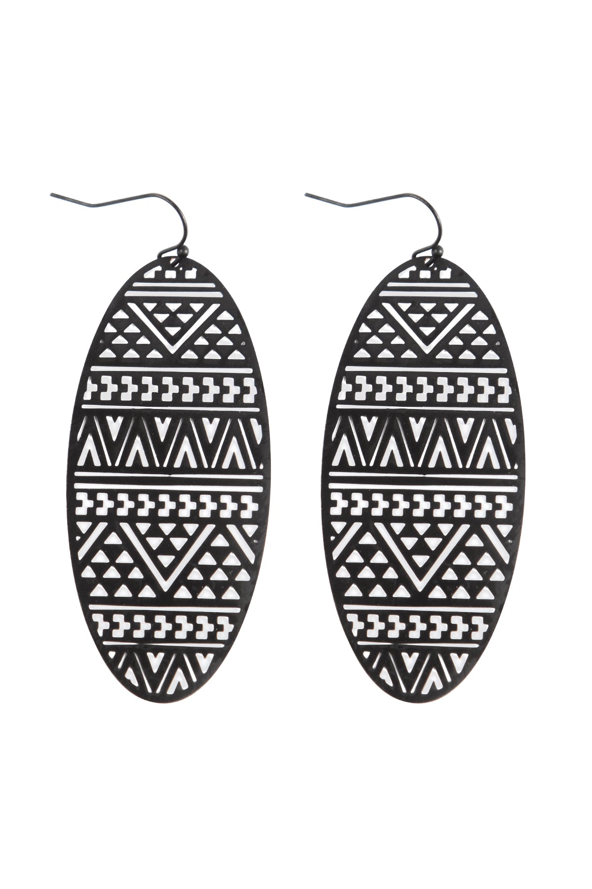 Oval Shape Tribal Pattern Fili Hook Earrings Black
