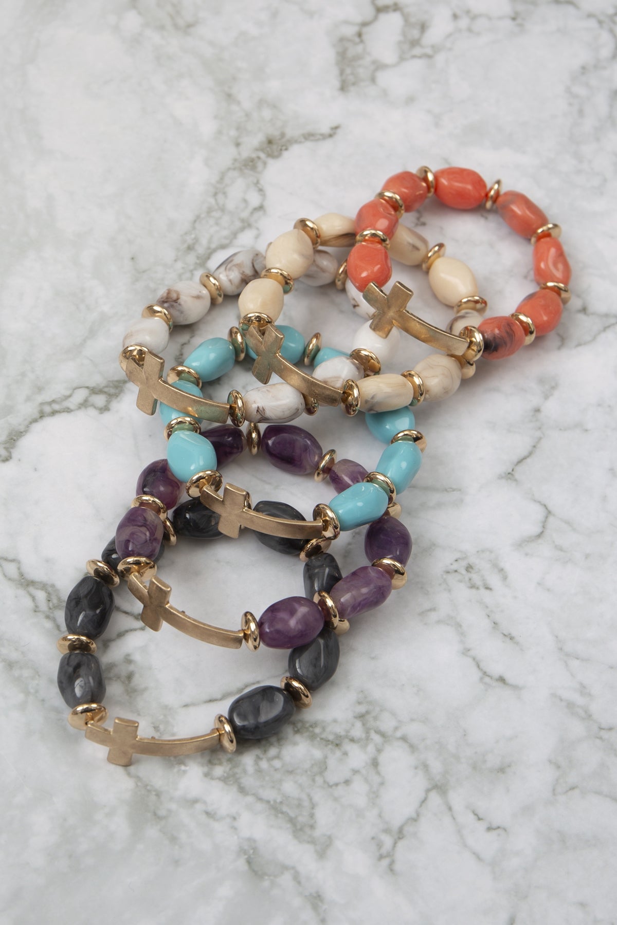 Cross Natural Stone Beaded Stretch Bracelet