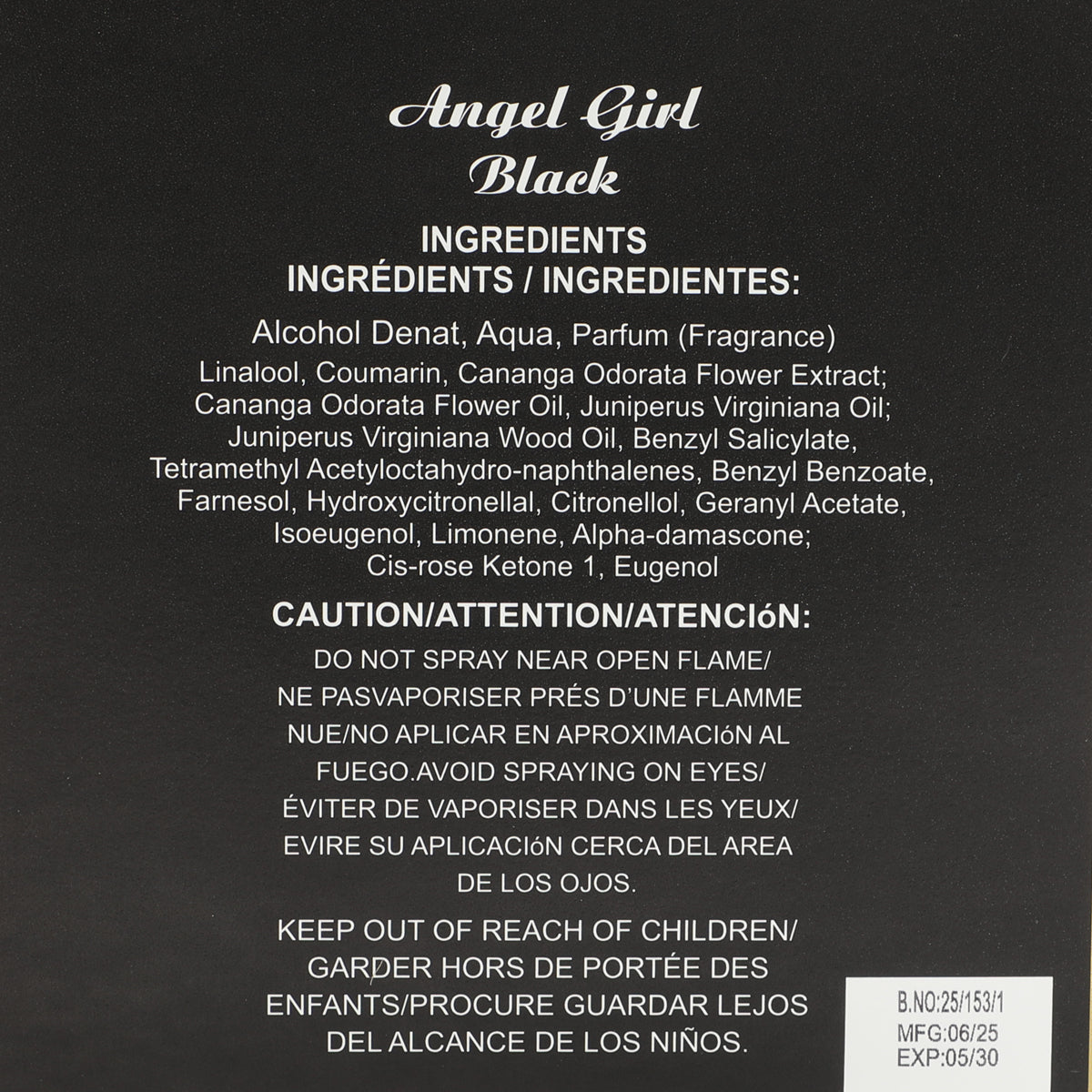 Angel Girl Black Spray Perfume Eau De Parfum For Women - 100ML/3.4FL.OZ.