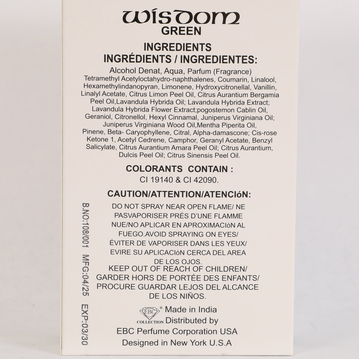 Wisdom Green Spray Perfume Eau De Parfum For Men - 100ML/3.4 FL.OZ.