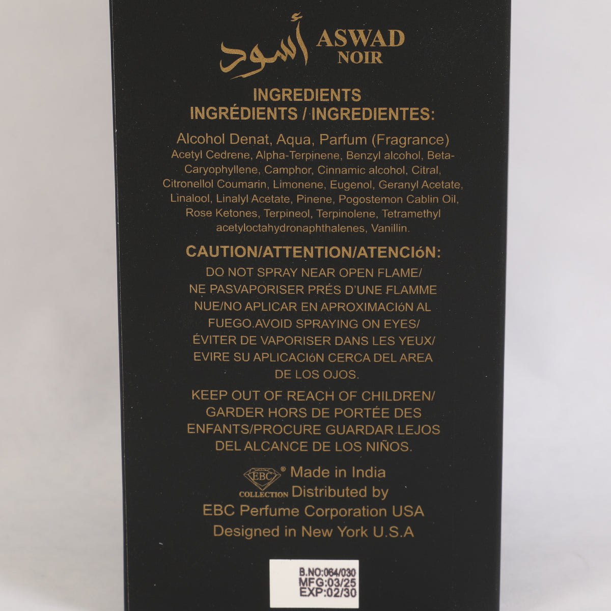 Aswad Noir Black Spray Perfume Eau De Parfum For Men - 100ML/3.4 FL.OZ.