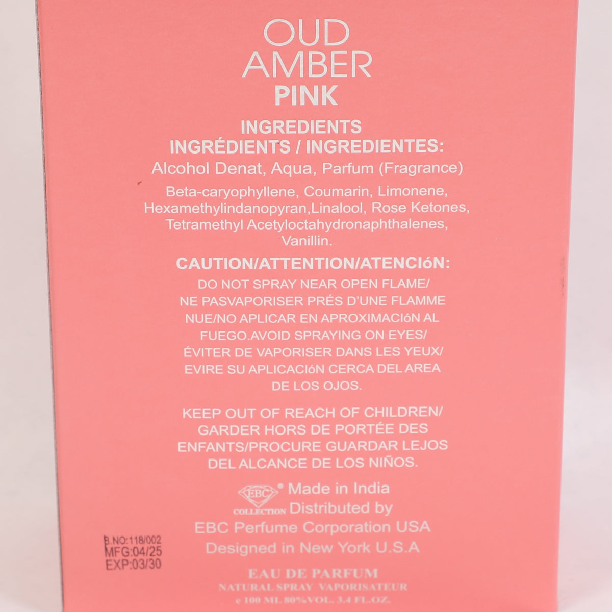 Oud Amber Pink Spray Perfume Eau De Parfum For Women - 100ML/3.4FL.OZ.