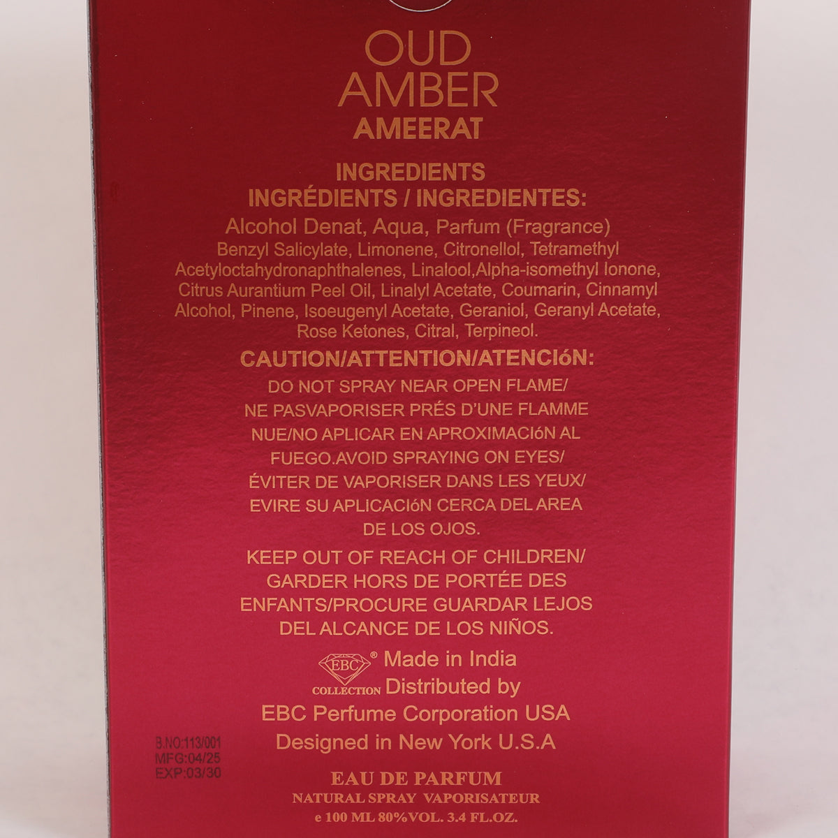 Oud Amber Ameerat-Red Spray Perfume Eau De Parfum For Men - 100ML/3.4 FL.OZ.