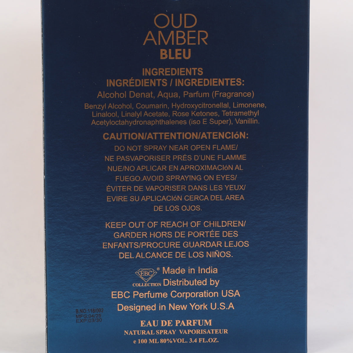Oud Amber Bleu Spray Perfume Eau De Parfum For Men And Women - 100ML/3.4FL.OZ.