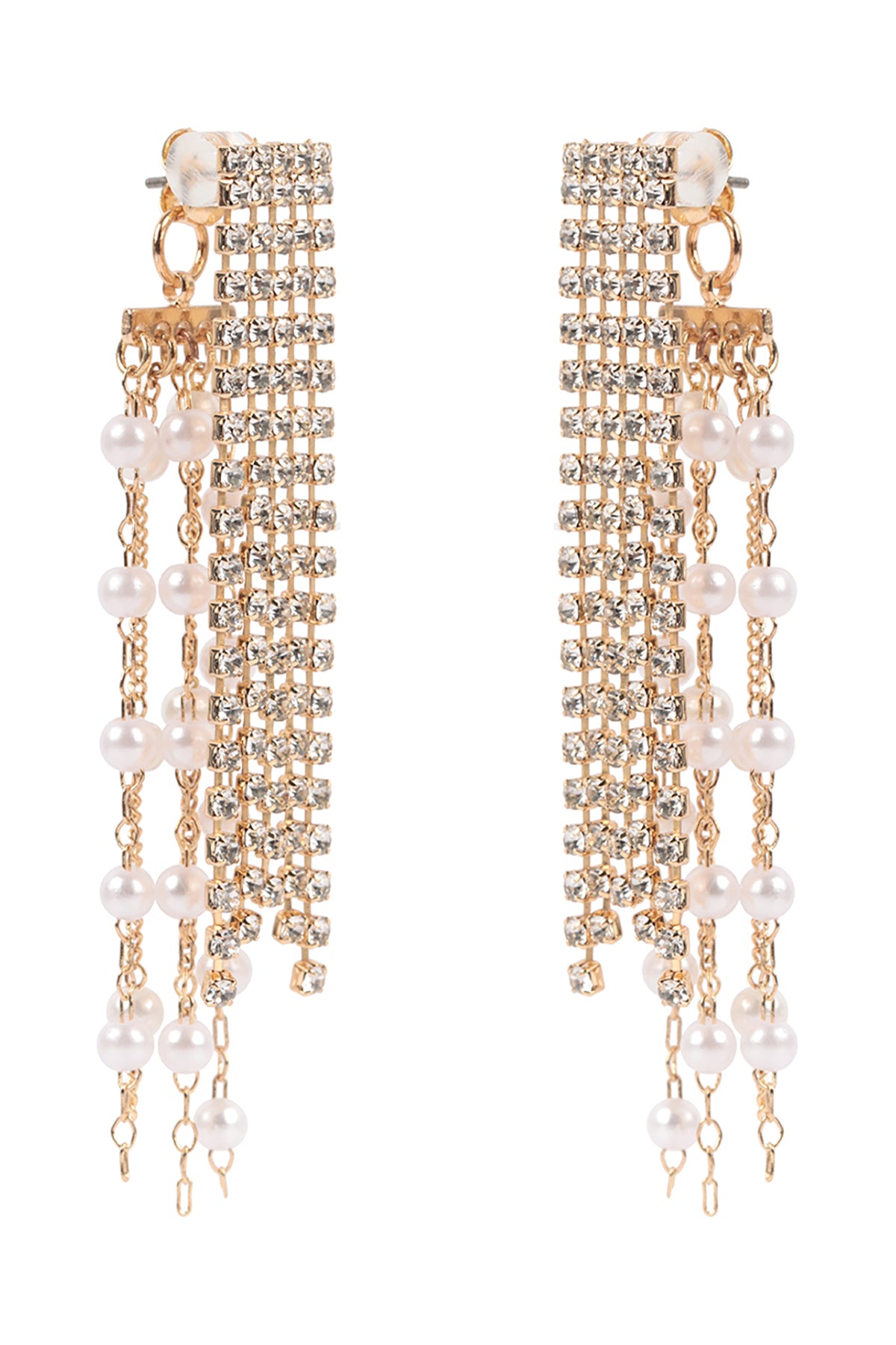 Pearl Rhinestone Fringe Front Back Drop Earrings Gold Crystal