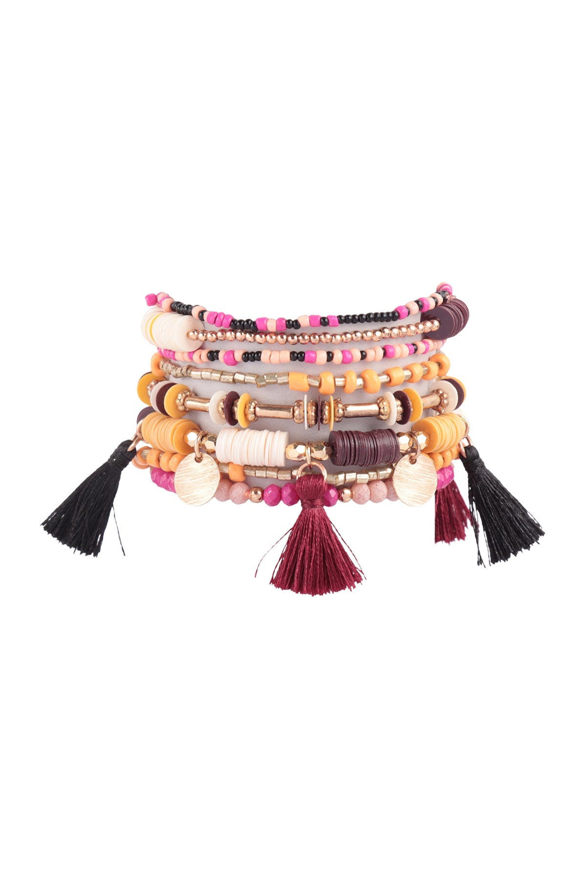 Multi Beads Fimo, Disk, Tassel Pendant Layered Stackable Versatile Charm Bracelet