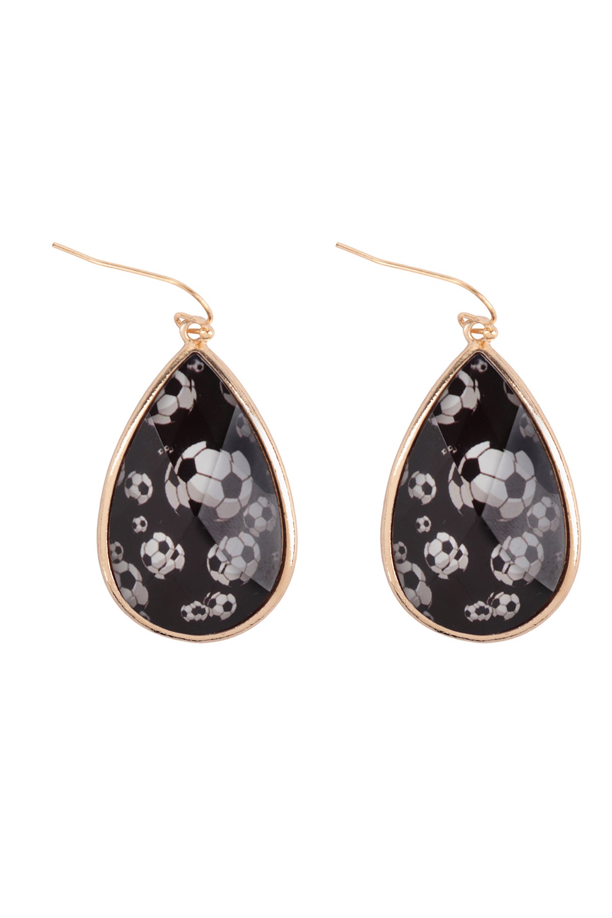 Sports Soccer Teardrop Epoxy Fish Hook Earrings Gold Black