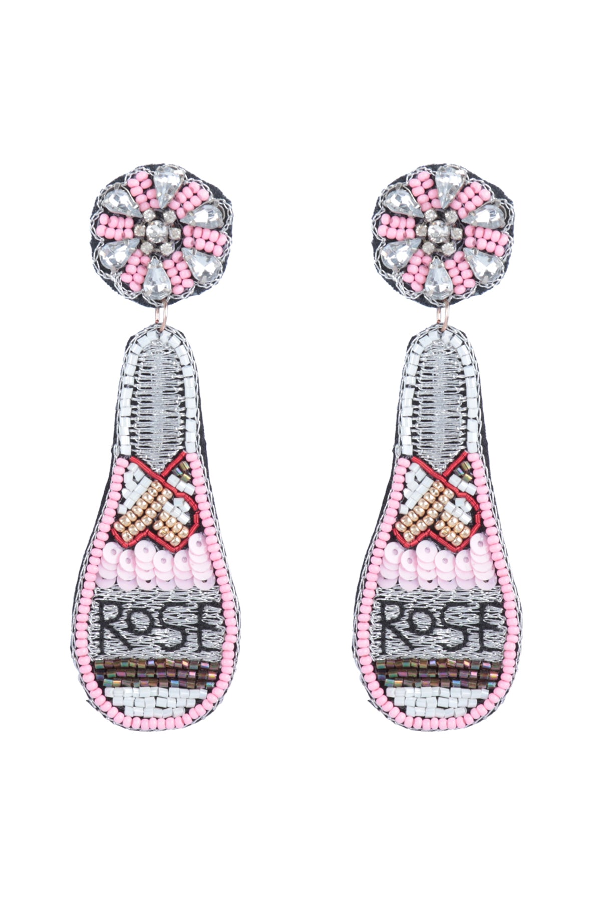 Rose Wine Bottle Seed Bead W/ Rhinestone Drop Earrings Pink