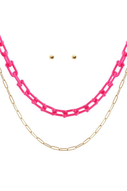Acetate Metal Link Layered Necklace and Earrings Set