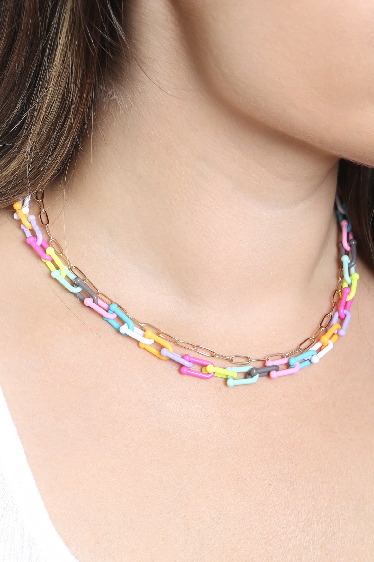 Acetate Metal Link Layered Necklace and Earrings Set