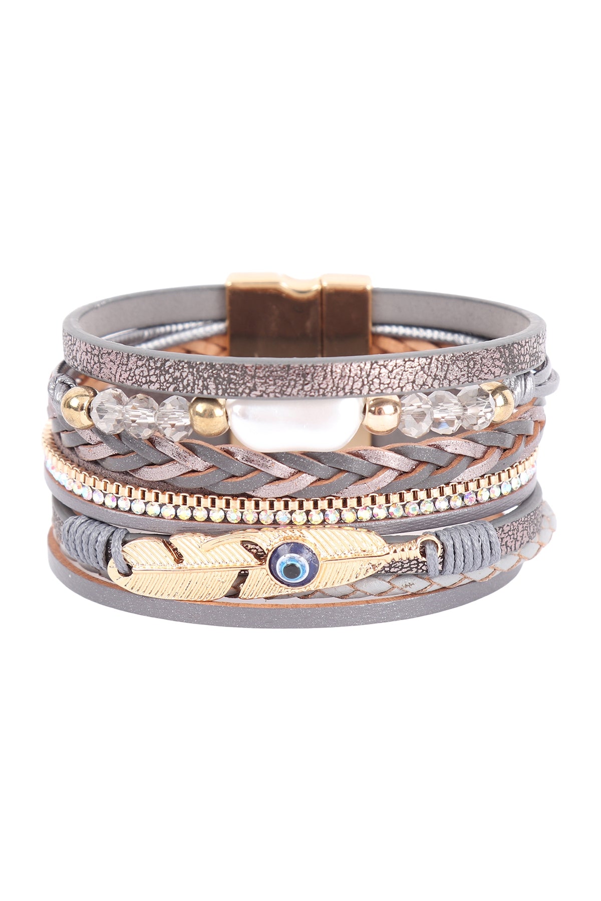 Leather Wrap w/ Feather Evil Eye Charm Bracelet