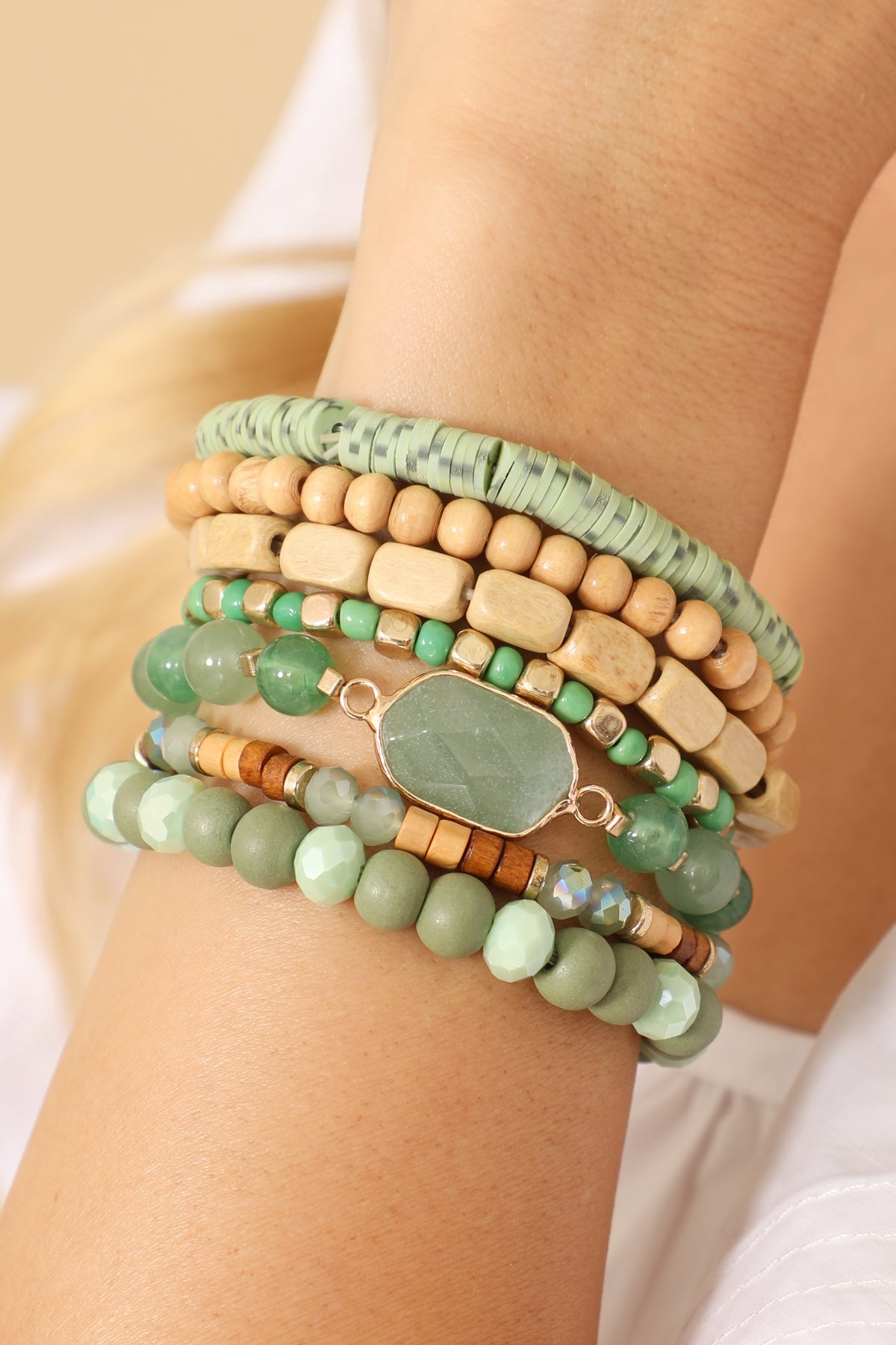 Charm Layered Wood, Fimo, Rondelle Mix Beads Stackable Bracelet