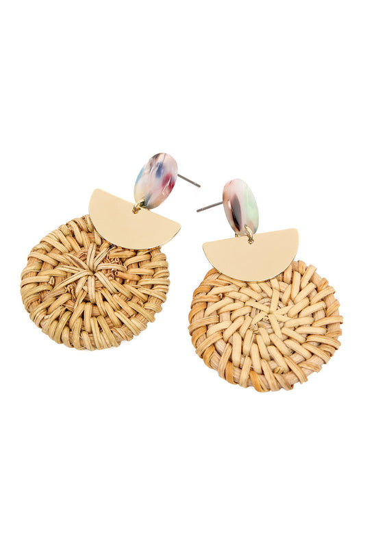 Multi Color Resin With Drop Rattan Ornament Post Earrings