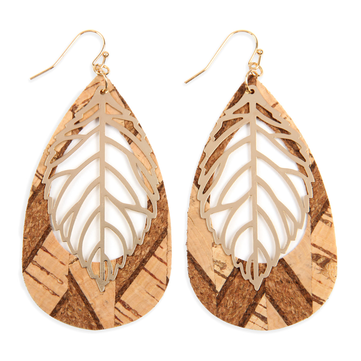 Style 1 Cork Pattern Teardrop With Metal Leaf Filigree Earrings