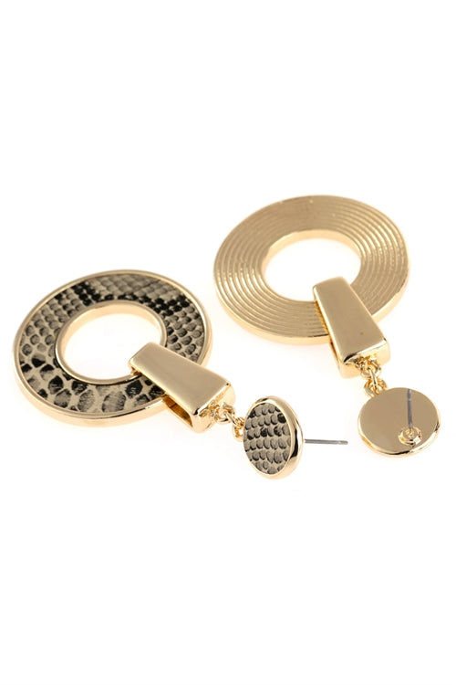 Light Brown Linked Hoop Snake Skin Printed Dangle Post Earrings
