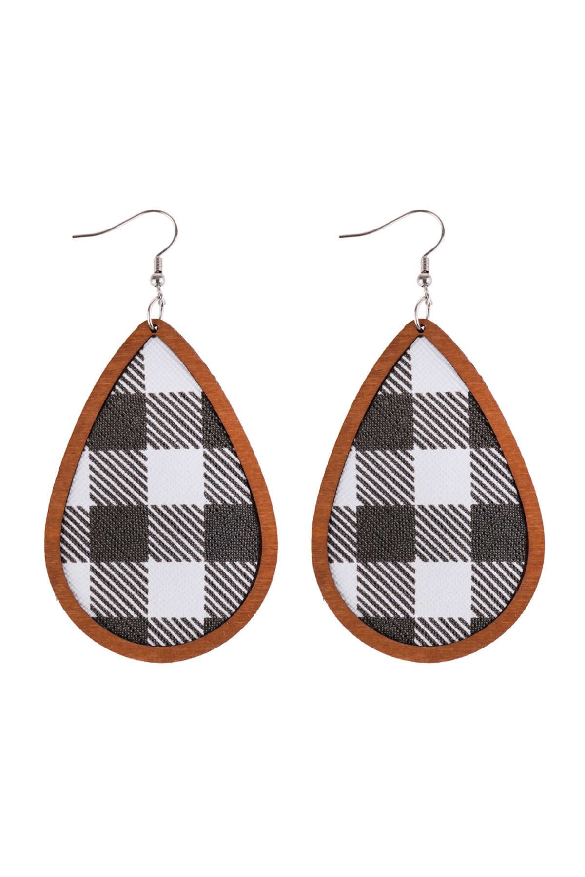 Black Brown Plaid Wood Frame Teardrop Earrings /6Pairs