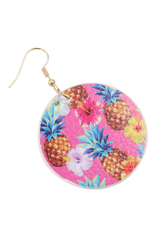 Tropical Pineapple Print Circle Drop Earrings