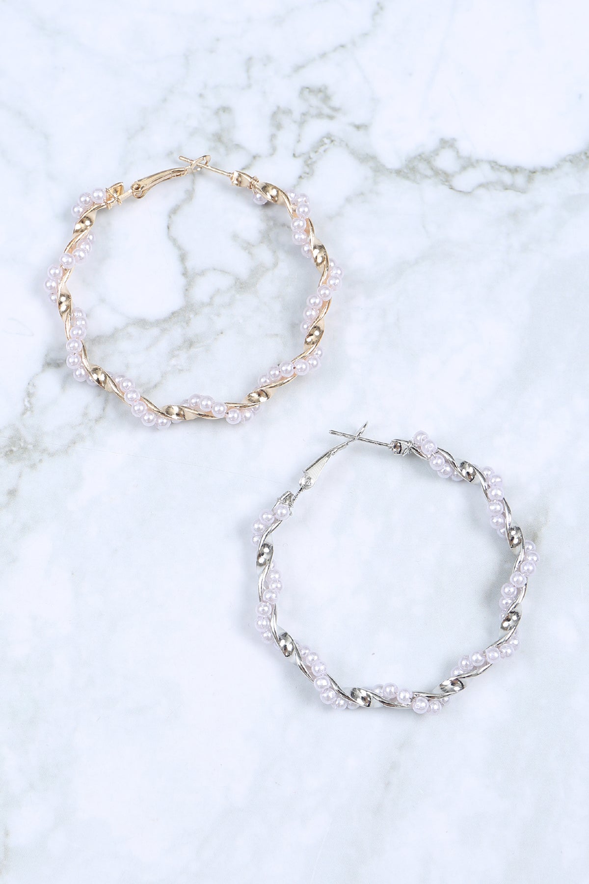 Twisted Pearl Hoop Earrings Set Gold Silver