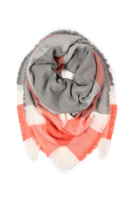 Gray Orange Blanket Fringed Scarf