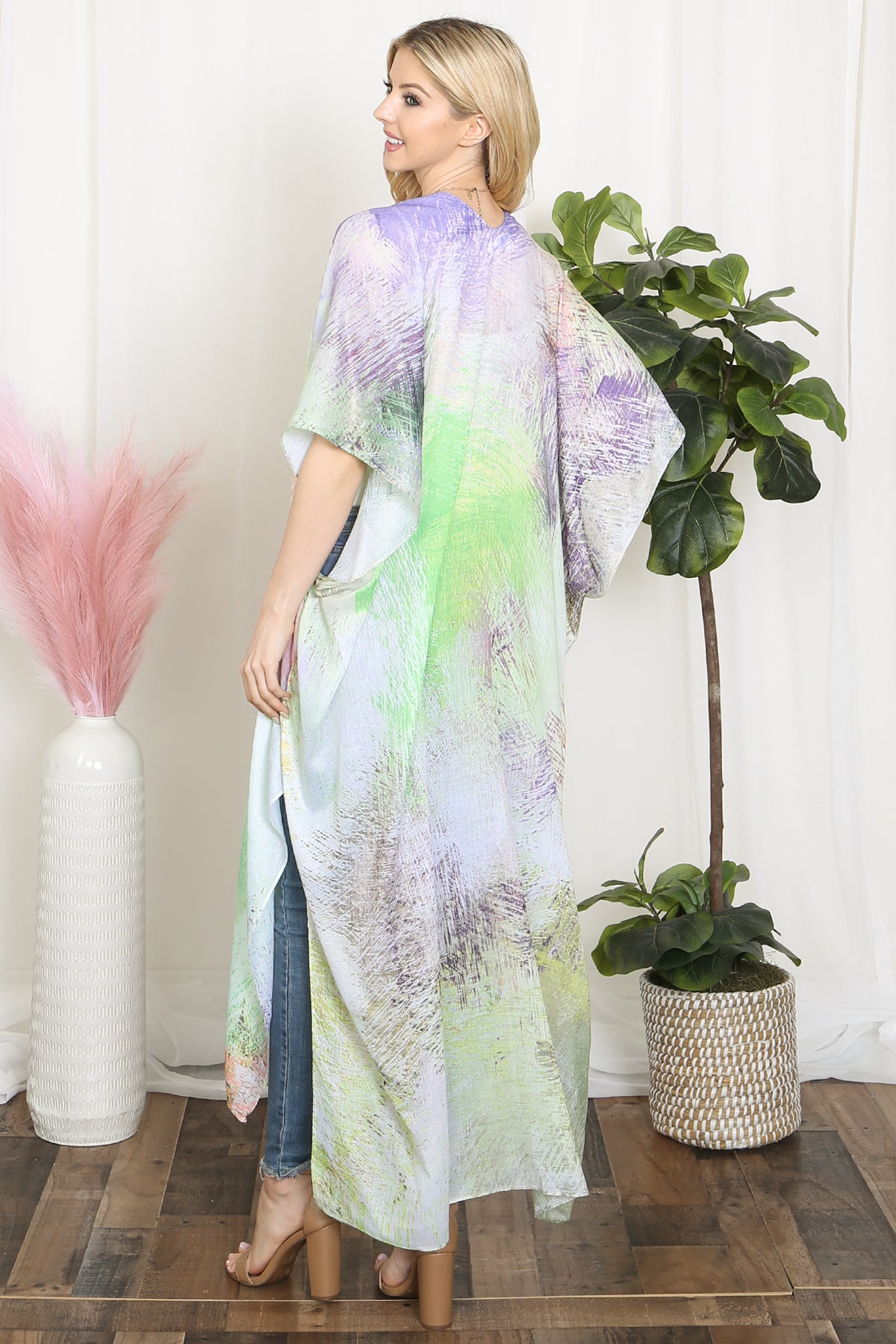 Tie Dye Multicolor Splatter Line Print Open Front Long Kimono