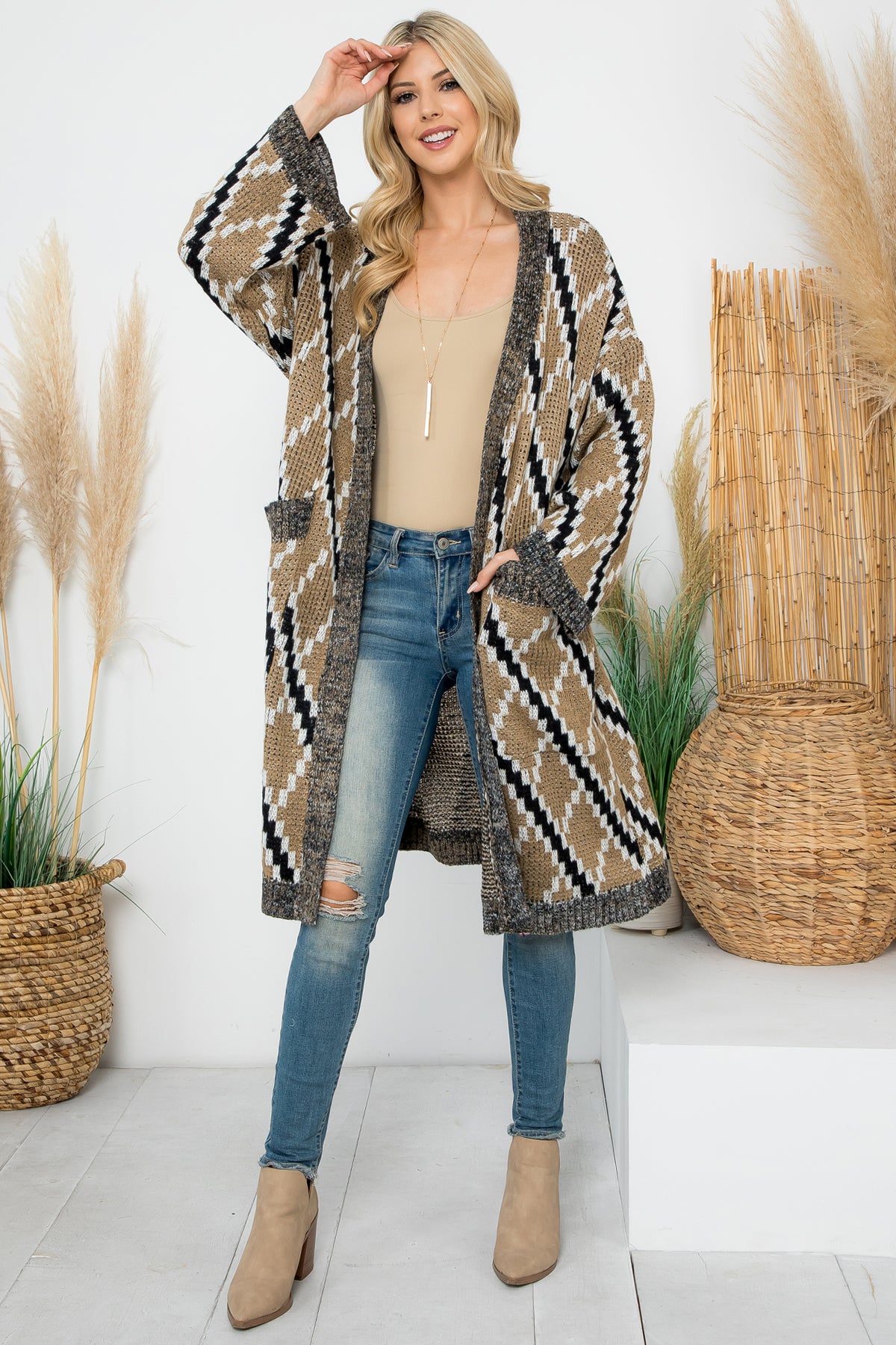 Diamond Pattern Knitted Terry Cardigan