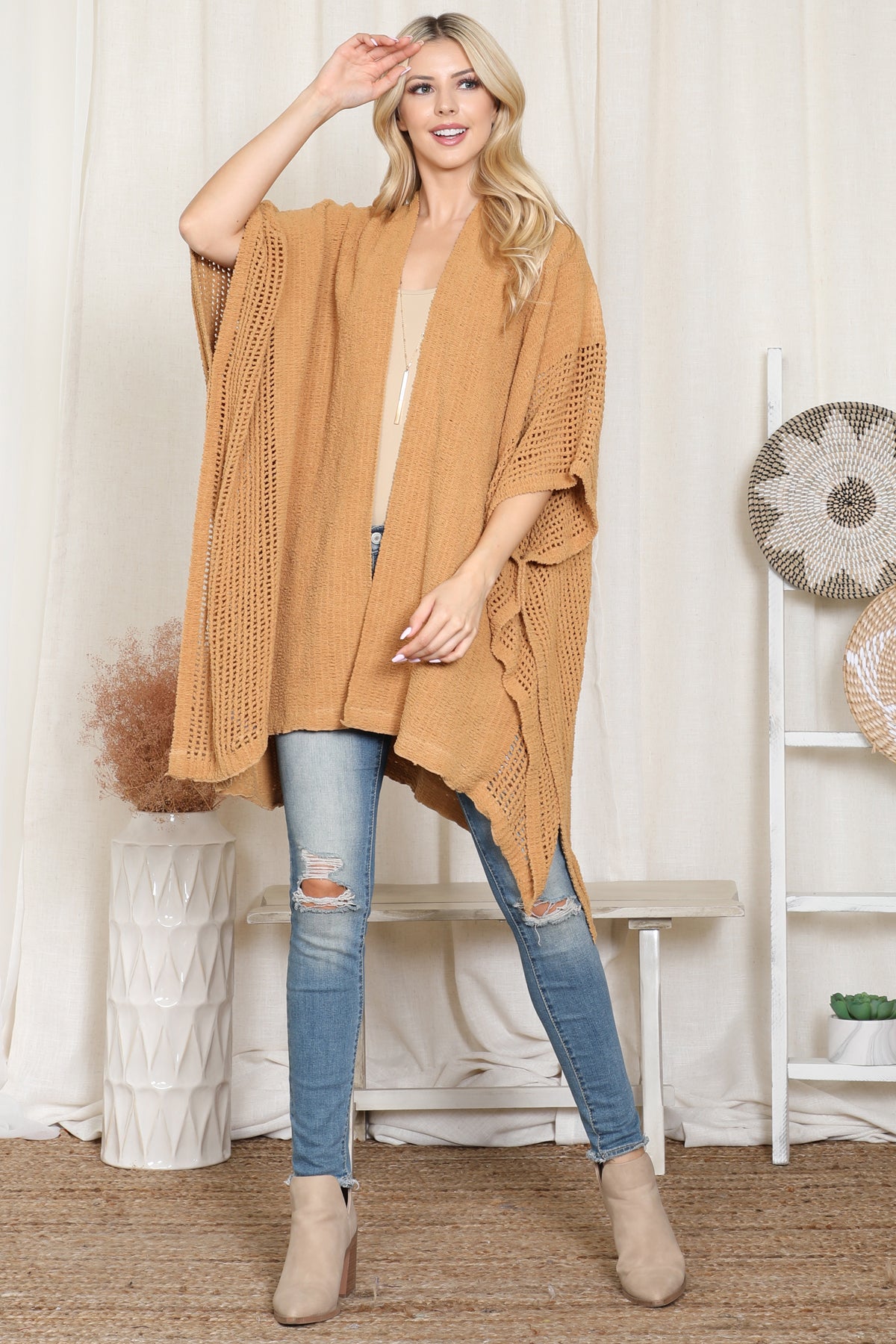 Crochet Kimono with See-Through Border Line Open Front