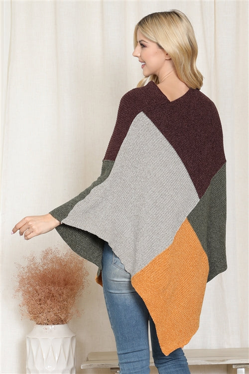 Knitted Geometric Square Multicolor Poncho / 1PCS
