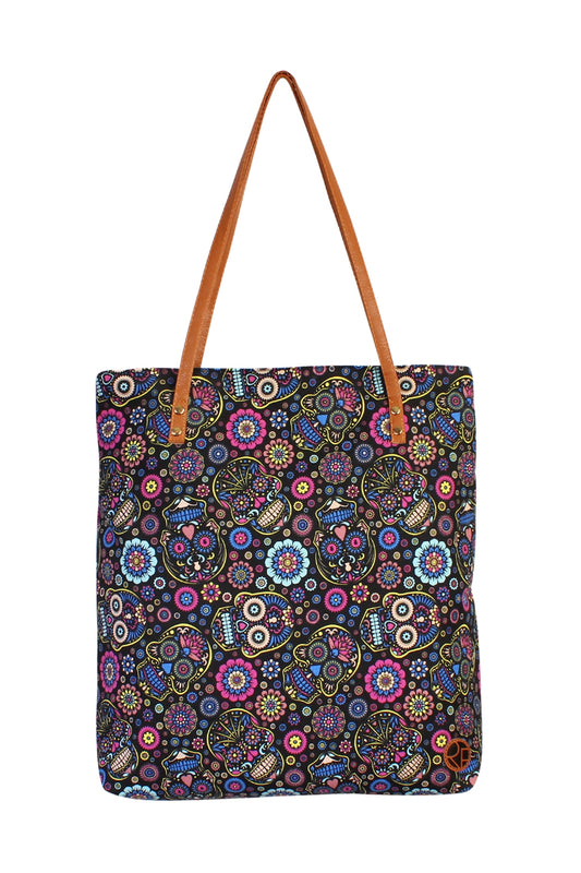 Black Skull Flower Print Tote Bag