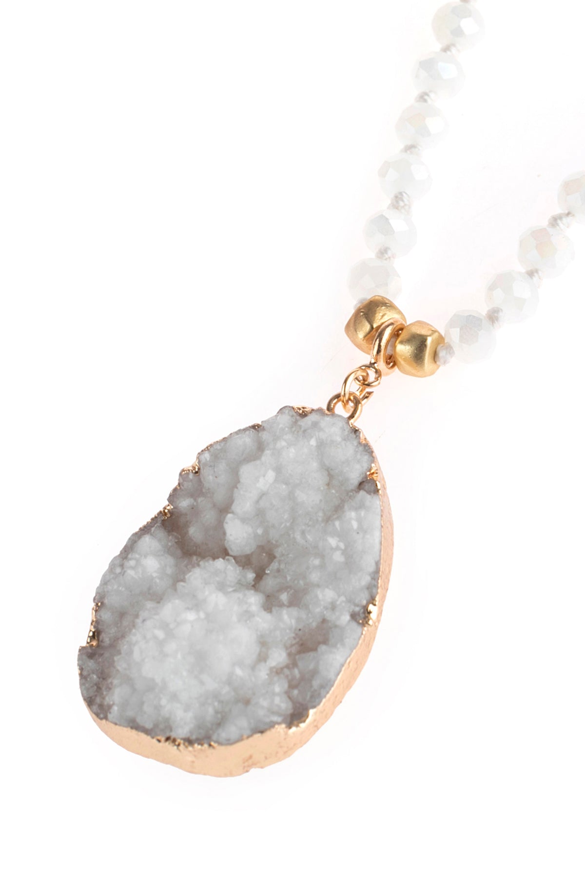 White Druzy Stone Pendant With Glass Beaded Necklace