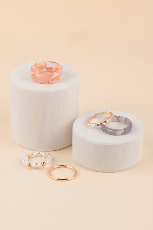 Marble Resin Twisted Beaded Pearl Assorted 5 Pcs Ring Set