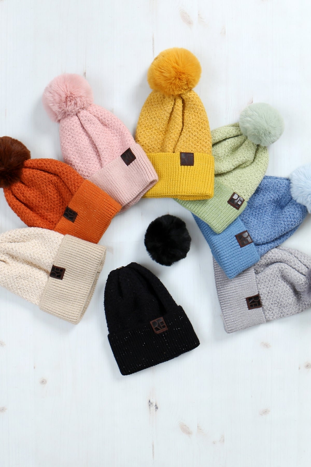 Beige Knitted Crochet Pom Beanie