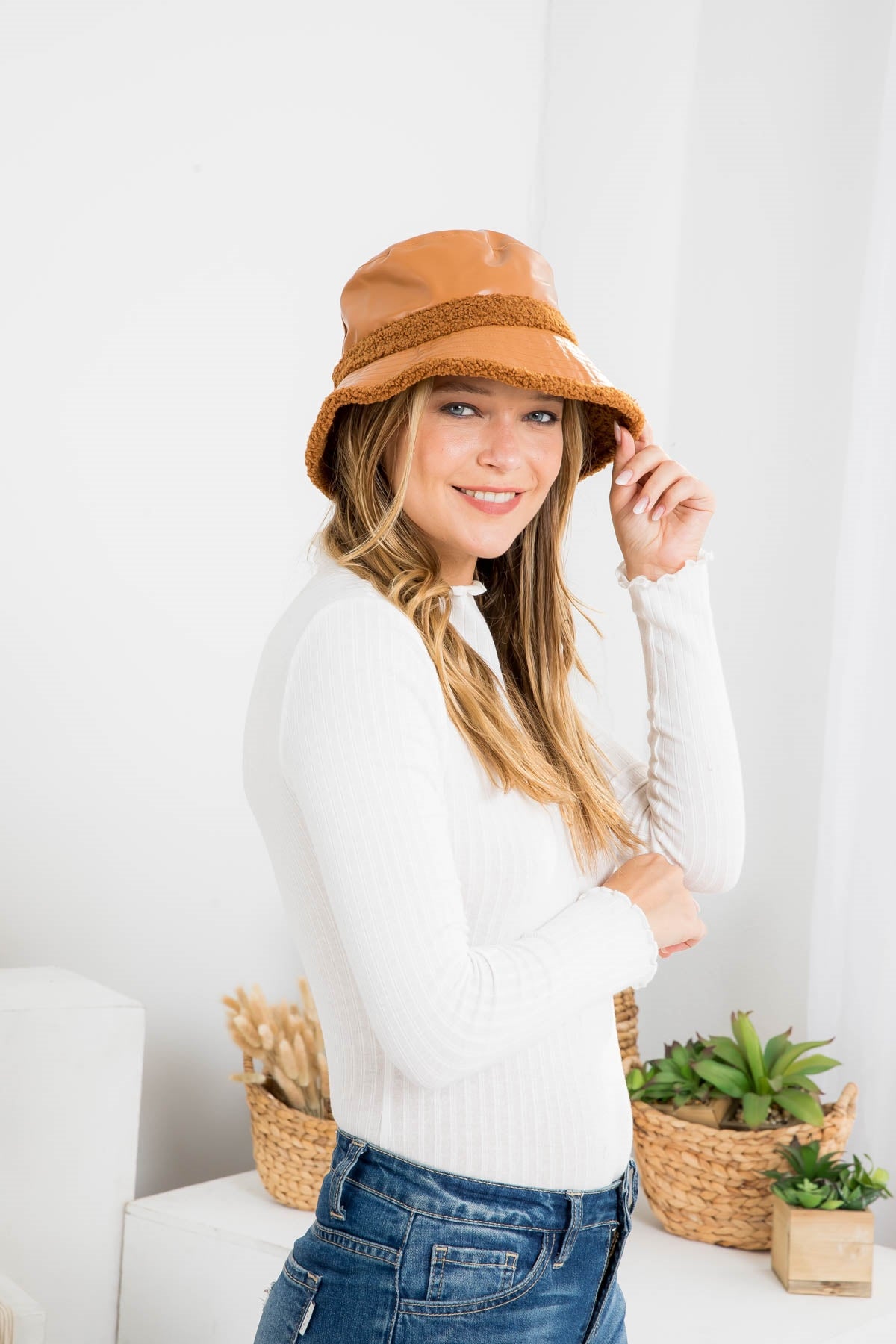 PU Leather With Fuzzy Fleece Knit Bucket Hat